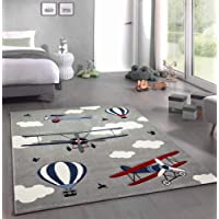CARPETIA Alfombra Infantil Alfombra de Aprendizaje Aviones biplano Globos aerostáticos Azul Gris Größe 80x150 cm